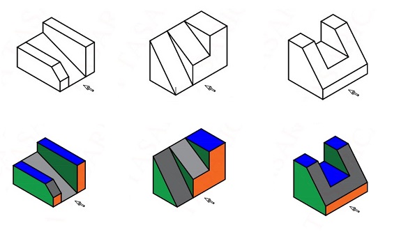 Üç görünüşten izometrik perspektif çıkarma Uygulama Yaprağı 29 Çözüm